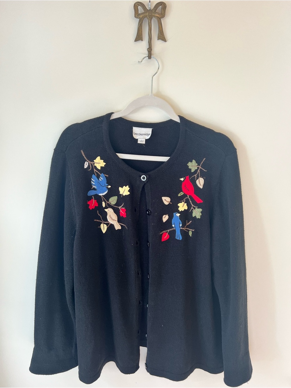 VTG Breckenridge Black Fall Embroidered Bird Cardigan Women L Grandmacore